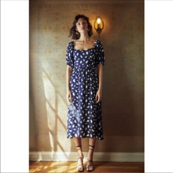 Reformation Splatter Midi Blue Dress Zippy Size 2 - Picture 3 of 10